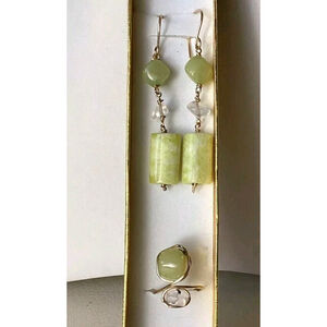 Light Green Jasper Simulated Stone Earrings & Adj. Ring Gold Tone Jewelry In Box